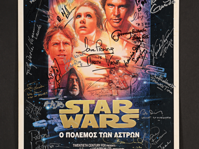 Propstore_May24_STAR WARS A NEW HOPE (1977) Carrie Fisher, Gary Kurtz, Billy Dee Williams, Dave Prowse, Peter Mayhew and 23 Others Autographed Greek Special Edition Poster, 1997